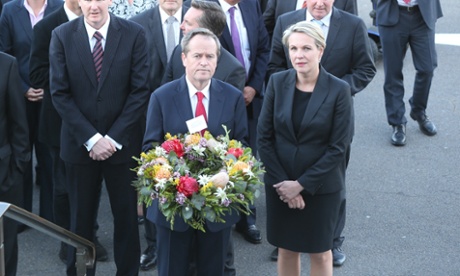 Labor Leader Bill Shorten and Deputy Tanya Plibersek add to the growing floral tributes for Gough Whitlam, Tuesday 21st October 2014.