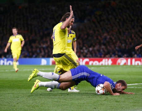 Oooff. Chelsea's Branislav Ivanovic is fouled by Maribor's Marko Suler for a penalty