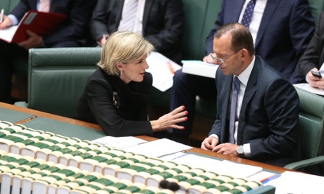 The Prime Minister Tony Abbott and the Foreign Minister Julie Bishop during question time this afternoon in the House of Representatives chamber of Parliament House, Canberra, Wednesday 22nd October 2014