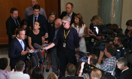 The Prime Minister Tony Abbott at a doorstop in the foyer of  Parliament House in Canberra this morning, Thursday 23rd October 2014