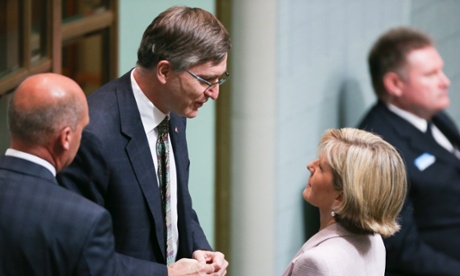 The President of the senate Stephen Parry with the Canadian High Commissioner Michael Small talking with the Minister for Foreign Affairs Julie Bishop on the chamber floor during question time this afternoon in the House of Representatives chamber of Parliament House, Canberra, Thursday 23rd October 2014