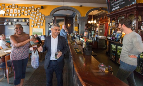 Sadiq Khan enjoying a pint (of lime soda) inside the Wheatsheaf, Tooting