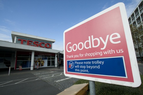 Goodbye sign at a Tesco supermarket branch in London.