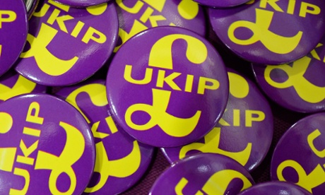 UKIP badges are seen as UK Independence Party supporters gather at their Party conference in Doncaster, northern England.