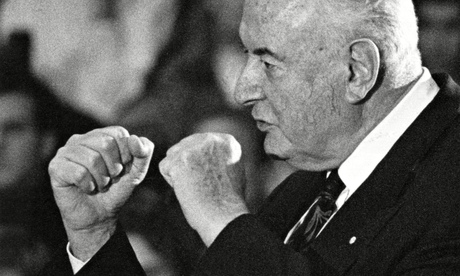 Gough Whitlam, fists raised during a 1992 debate