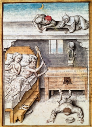 A 16th-century illustration of a homeowner thwarting a burglary