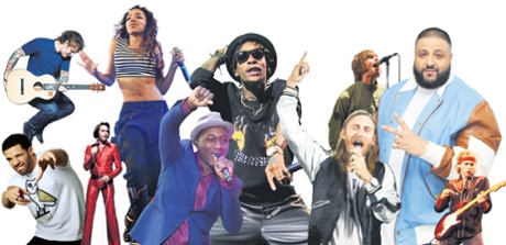 Footballers' faves: (l-r) Ed Sheeran (top), Drake (bottom), Neil Diamond, Tinashe, Aloe Blacc, Wiz Khalifa, David Guetta, Liam Gallagher, DJ Khaled, Mark Knopfler.