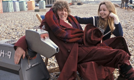 Lalla Ward during a location shoot with Tom Baker, the fourth Doctor, and robotic dog K9. 