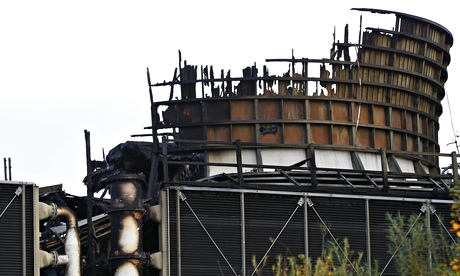 A burnt cooling tower at Didcot B power station