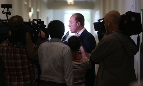 Health minister Peter Dutton on his way to an interview in the ABC studios of Parliament House this morning.
