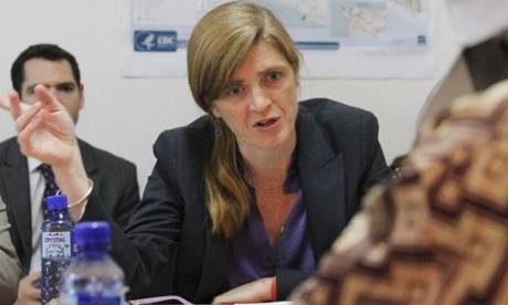 Samantha Power meets officials at the Guinea Ebola Co-ordination Centre in Conakry.