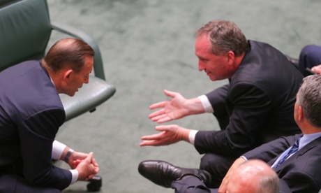 Barnaby Joyce talking to Tony Abbott in question time.