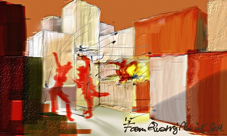 A concept sketch of the immersive dance installation by Israeli industrial artist and architect Ron 