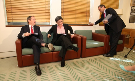Opposition leader Bill Shorten, senate leader Penny Wong and shadow defence minister Stephen Conroy  at a caucus meeting.
