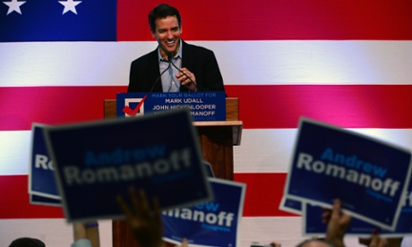 Andrew Romanoff addresses a packed audience during a get-out-the-vote rally for himself, US Senator Mark Udall, and Colorado Governor John Hickenlooper at Hinkley High School in Aurora.