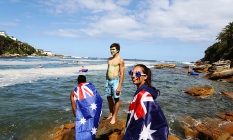 Roshan Kalugalage, Cooper Walters and Marissa Costas celebrate Australia Day at Gordon's Bay in Sydney on 26 January 2014.