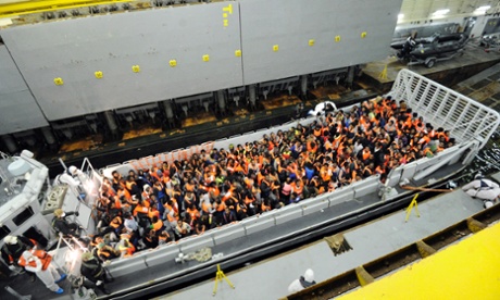 Around 250 migrants from Sub-Saharian areas are hosted on a landing craft of Italy's Navy ship San Giorgio.