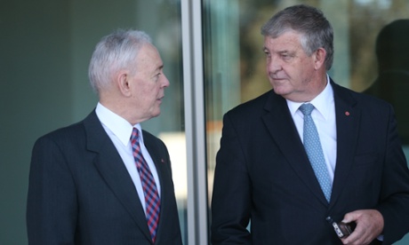 WA liberal senator Chris Back (right) and SA Family First senator Bob Day talk at the ritual called senate doors.