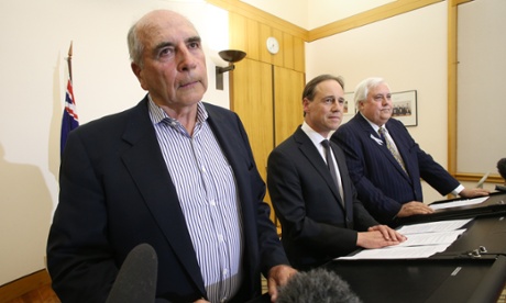 Bernie Fraser, head of the Climate Change Authority with environment minister Greg Hunt, PUP leader Clive Palmer.