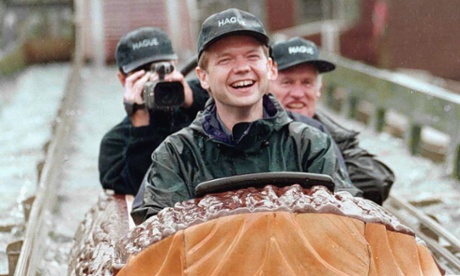 The then Conservative Party leader William Hague on a water slide at Flambards theme park, near Helston on the Lizard, Cornwall.