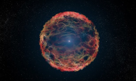 This is an artist’s impression of supernova 1993J, which exploded in the galaxy M81. Using the Hubble Space Telescope, astronomers have identified the blue helium-burning companion star, seen at the center of the expanding nebula of debris from the supernova.