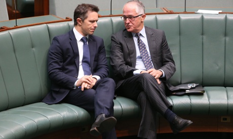 Communications minister Malcolm Turnbull talks to his opposition shadow Jason Clare after presenting the data retention bill.