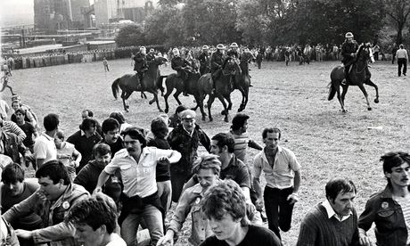 Confrontation between riot police and miners at the Orgreave coke works in South Yorkshire June 1984