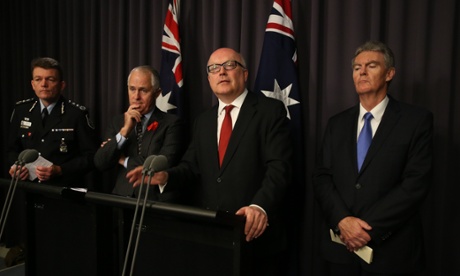 AFP commissioner Andrew Colvin, communications minister Malcolm Turnbull, Attorney-General George Brandis and Director-General of security Duncan Lewis.