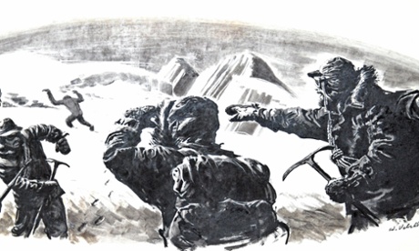 Black and white illustration shows three climbers in mid-twentieth century gear on a snowy mountainside; one points and one looks at a yeti figure in the distance.