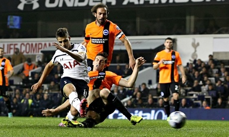 Érik Lamela gives Spurs the lead in the fourth round Capital One Cup tie against Brighton.