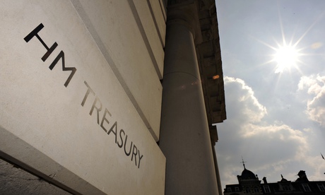 A general view shows the sign outside the Treasury building in London