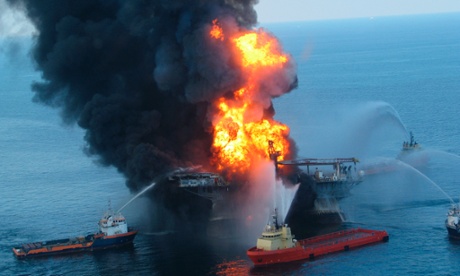 Fire boat response crews battle the blazing remnants of the offshore oil rig Deepwater Horizon.