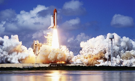 The space shuttle Discovery lifts off its launching pad at the Kennedy Space Center in 1986