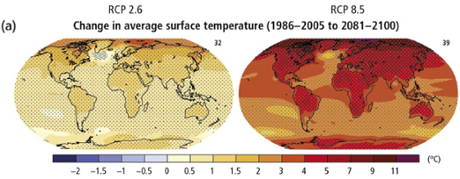 Projections for increase in average temperatures in 2081– 2100, above late twentieth century average temperature