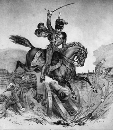 English cavalry officer James Thomas Brudenell, 7th Earl of Cardigan, charges the Russian guns at Balaklava during the Crimean War. 