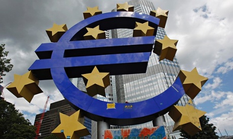 The Euro currency sign in front of the European Central Bank in Frankfurt
