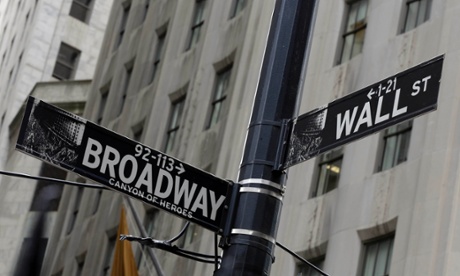 The corner of Broadway and Wall Street, in New York's Financial District.