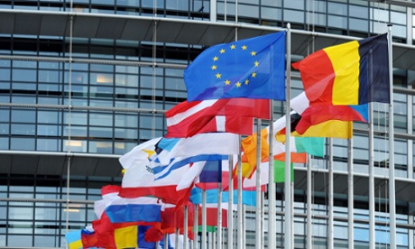 The European Union flag flies alongside those of member states at the European parliament in Strasbourg.
