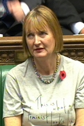 Harriet Harman, deputy leader of the Labour party,  wears a feminist T-shirt during prime minister's questions in the House of Commons.