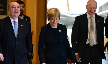 Alex Salmond is accompanied by Nicola Sturgeon who will shortly succeed him as Scottish first minister.