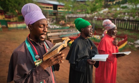 Rastafarians chant psalms from the bible in Kingston, Jamaica.