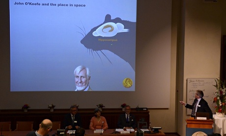 Nobel Committee member Ole Kiehn (right) describes the research behind the prize, which involved ‘place cells’ in the hippocampus of rats.