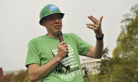 Writer Bill McKibben speaks in Lafayette Park as thousands of environmentalists and climate change activists from around the country march in Washington, DC, on April 19, 2011, in a protest sponsored by 350.org, Power Shift, and other organizations.