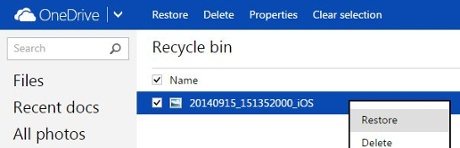 onedrive restore files screengrab