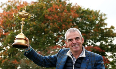 Europe Captain Paul McGinley holding the Ryder Cup trophy at Gleneagles.