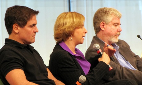 Vivian Schiller, shown with Mark Cuban and Bob Garfield, speaks at a 2009 summit