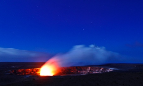 A plume of smoke rises from the volcanic activity in Kilauea crater in Hawaii.