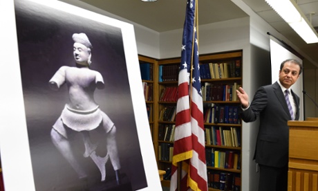 Preet Bharara  at a ceremony held to commemorate the return of the Duryodhana a 10th Century sandstone sculpture, to Cambodia.
