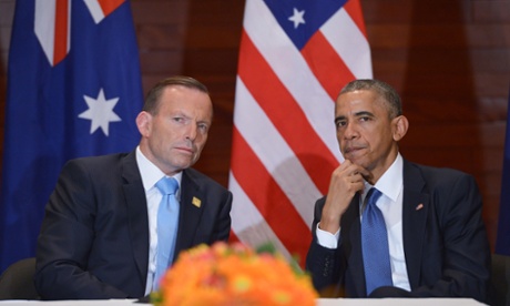 Tony Abbott and Barack Obama meeting at the US embassy in Beijing.