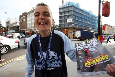Big Issue vendor Billie Bickley, in action in Longacre, London